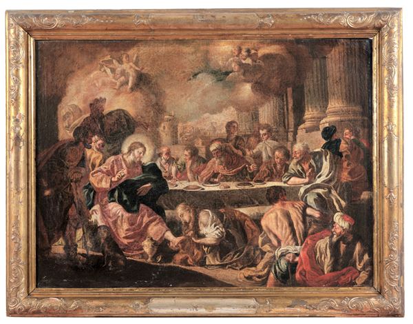 Maestro Napoletano XVII Secolo - "La Maddalena unge i piedi a Gesù durante la cena presso Simone il Fariseo", dipinto ad olio su tela di pregevole tratto pittorico e contrasto cromatico