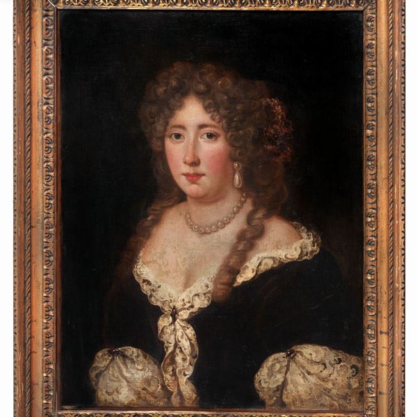 Scuola Italiana Fine XVII - Inizio XVIII Secolo - "Ritratto di nobildonna con collana e orecchini di perle", dipinto ad olio su tela