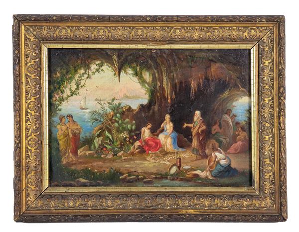 Pittore Neoclassico Inizio XIX Secolo - "Grotta con Platone e le Muse", piccolo dipinto ad olio su tavoletta di fine qualità pittorica