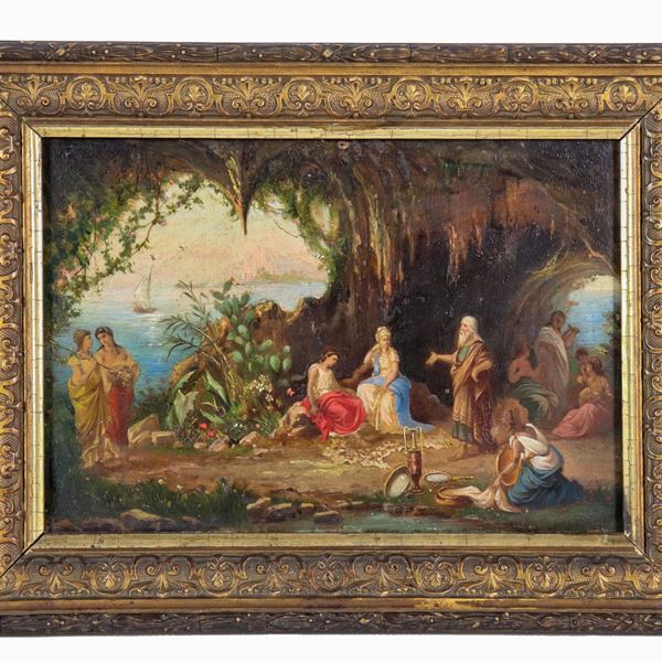 Pittore Neoclassico Inizio XIX Secolo - "Grotta con Platone e le Muse", piccolo dipinto ad olio su tavoletta di fine qualità pittorica