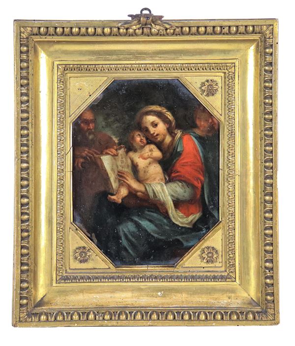 Scuola Romana Inizio XVIII Secolo - "Sacra Famiglia", piccolo dipinto ad olio su rame