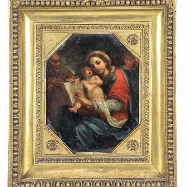 Scuola Romana Inizio XVIII Secolo - "Sacra Famiglia", piccolo dipinto ad olio su rame