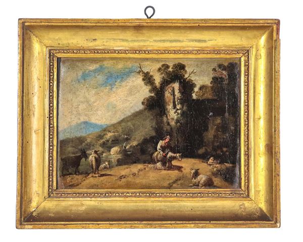 Scuola Italiana XVIII Secolo - "Paesaggio con pastore, pecore e caprette", piccolo dipinto ad olio su tela
