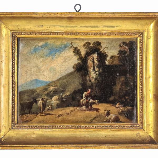Scuola Italiana XVIII Secolo - "Paesaggio con pastore, pecore e caprette", piccolo dipinto ad olio su tela