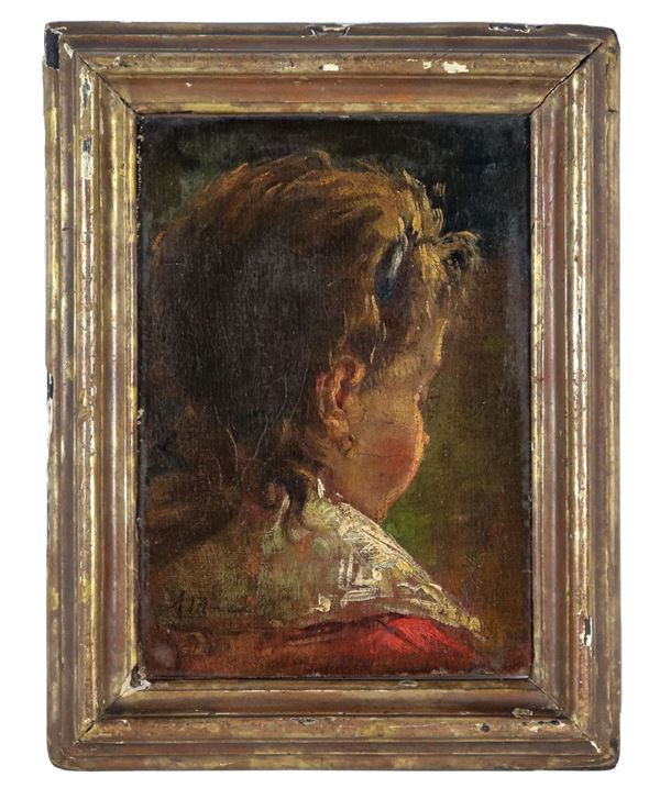 Pittore Italiano Met&#224; XIX Secolo - "Testa di bambina", piccolo dipinto ad olio su tela applicata a tavola. Il dipinto reca la firma Antonio Mancini