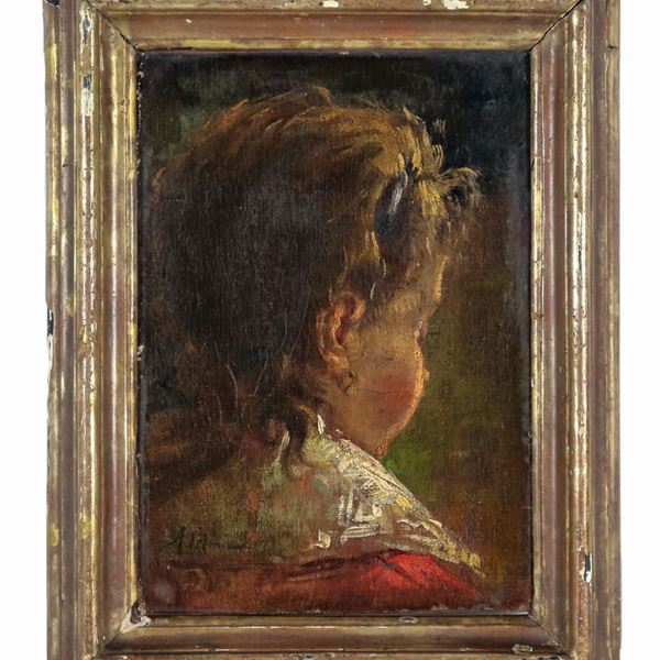 Pittore Italiano Met&#224; XIX Secolo - "Testa di bambina", piccolo dipinto ad olio su tela applicata a tavola. Il dipinto reca la firma Antonio Mancini
