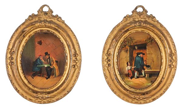 "Genre scenes", pair of French oval miniatures painted in oil on metal