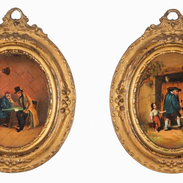 "Scene di genere", coppia di miniature francesi ovali dipinte ad olio su metallo