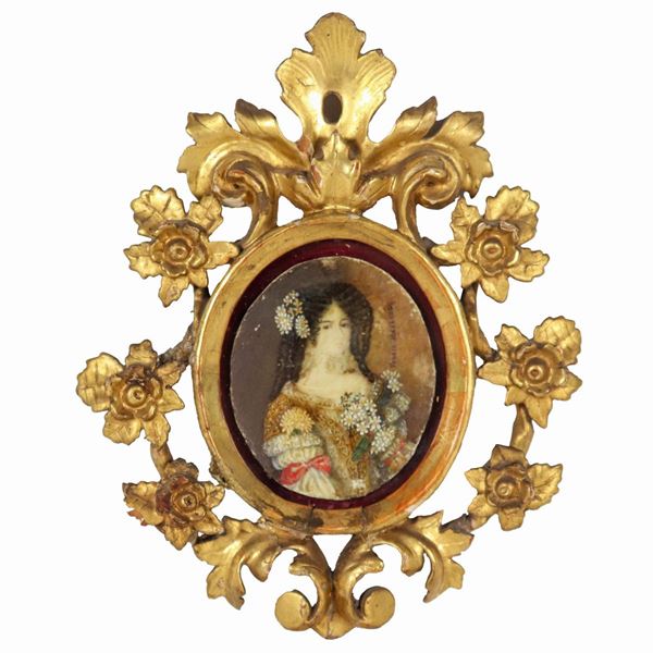 "Ritratto di dama con fiori" antica miniatura dipinta, Inizio XIX Secolo. Firmata