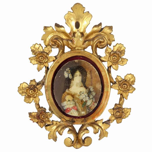 "Ritratto di dama con fiori" antica miniatura dipinta, Inizio XIX Secolo. Firmata