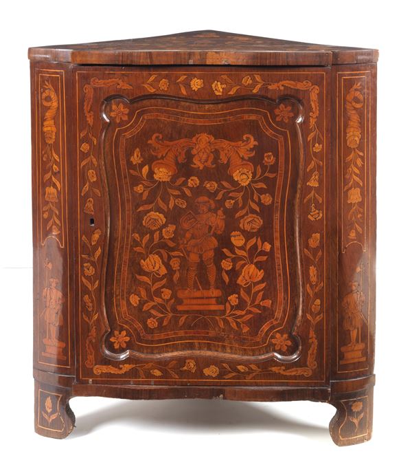 Antique Dutch walnut corner cupboard, entirely inlaid in various woods with figures of knights, medallions and floral intertwining, a central door