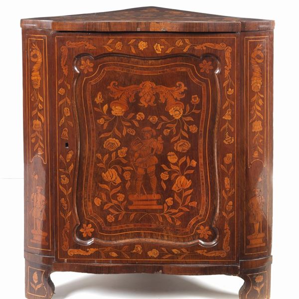 Antique Dutch walnut corner cupboard, entirely inlaid in various woods with figures of knights, medallions and floral intertwining, a central door