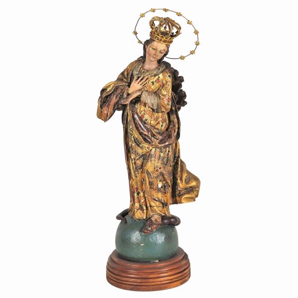 "L'Immacolata Concezione", antica piccola scultura siciliana in legno intagliato, policromo e dipinto