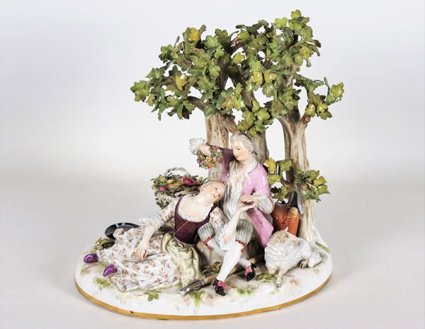 "Pastoral scene", group in polychrome porcelain from Meissen