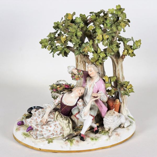 "Pastoral scene", group in polychrome porcelain from Meissen