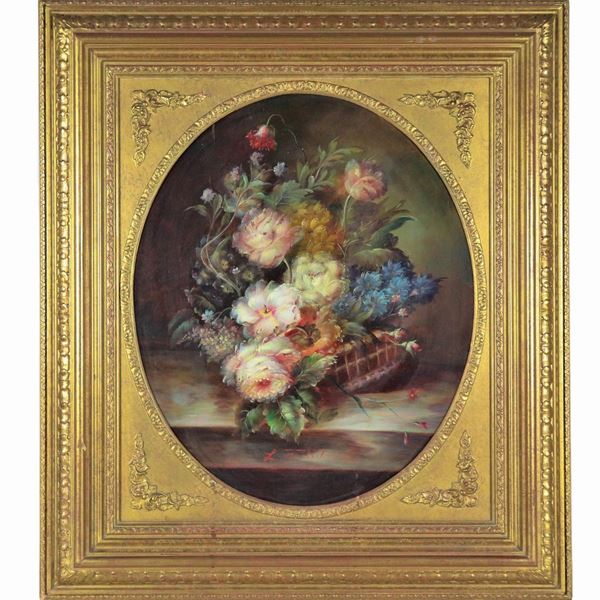 Scuola Francese Inizio XX Secolo - Firmato. "Cesto con mazzo di fiori", dipinto ad olio su tela