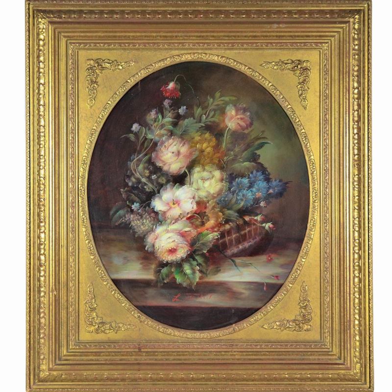 Firmato. "Cesto con mazzo di fiori", dipinto ad olio su tela