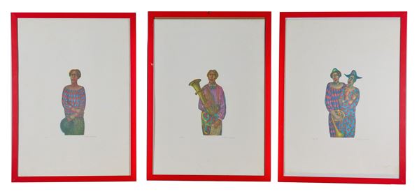 "Pagliacci", lotto di tre litografie, multipli 80/120