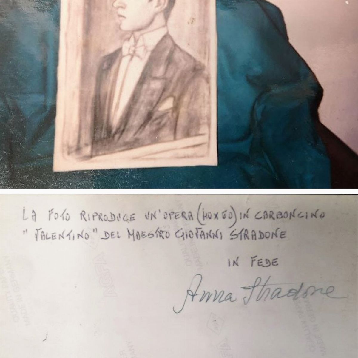 Firmato sul retro della tela. "Valentino" carboncino su tela. Autentica su fotografia di Anna Str...