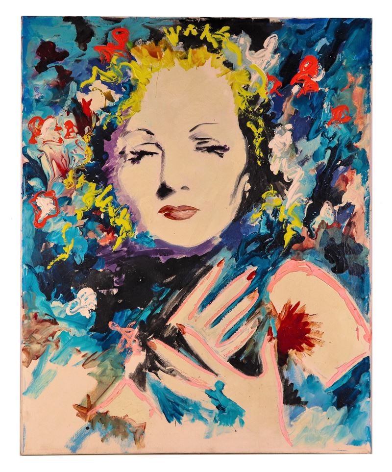 Firmato e datato 1988 sul retro della tela. "Marlene Dietrich", dipinto a tecnica mista su tela