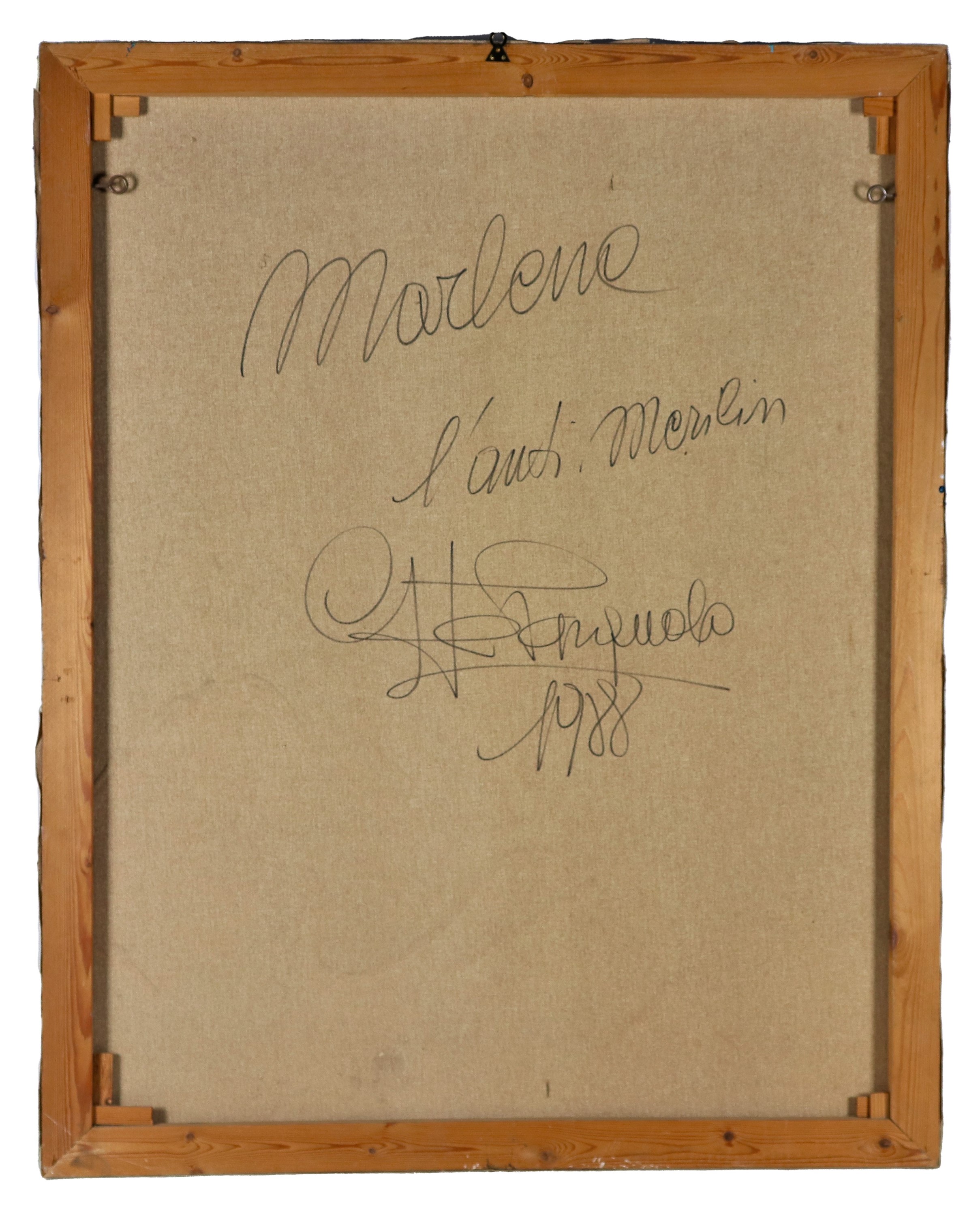 Firmato e datato 1988 sul retro della tela. "Marlene Dietrich", dipinto a tecnica mista su tela