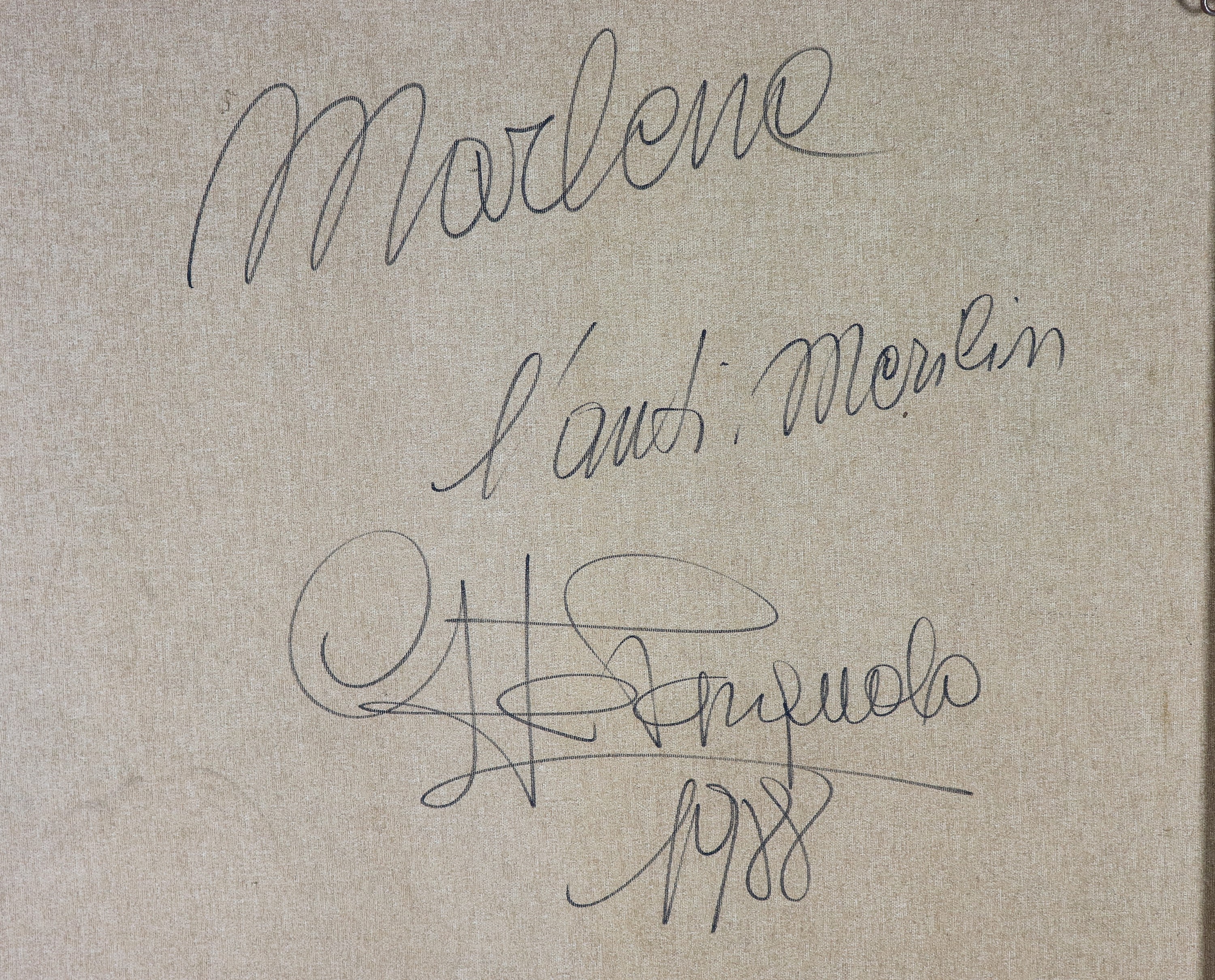 Firmato e datato 1988 sul retro della tela. "Marlene Dietrich", dipinto a tecnica mista su tela