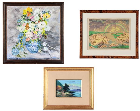 Lotto di un  dipinto ad olio "Vaso con mazzo di fiori", una litografia a colori "Arcobaleno" e un dipinto ad olio "Paesaggio alpino con lago"