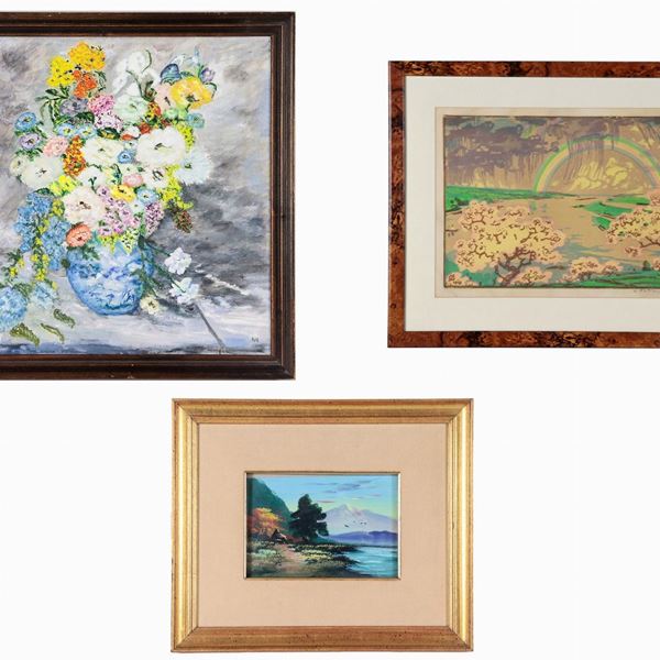 Lot of an oil painting "Vase with bunch of flowers", a color lithograph "Rainbow" and an oil painting "Alpine landscape with lake"