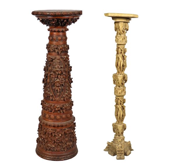 Lot of two columns, one in terracotta and one in imitation marble with various carvings
