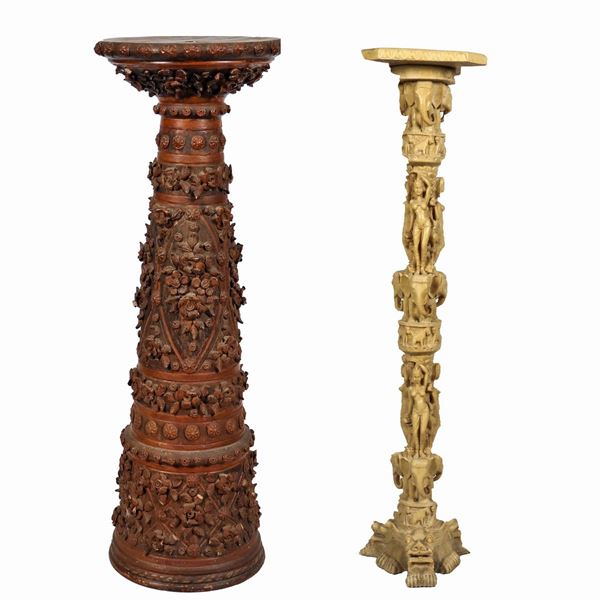 Lot of two columns, one in terracotta and one in imitation marble with various carvings