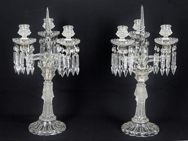 Pair of French candelabras in worked and engraved crystal, 3 flames each. Some slight defects in the pendants