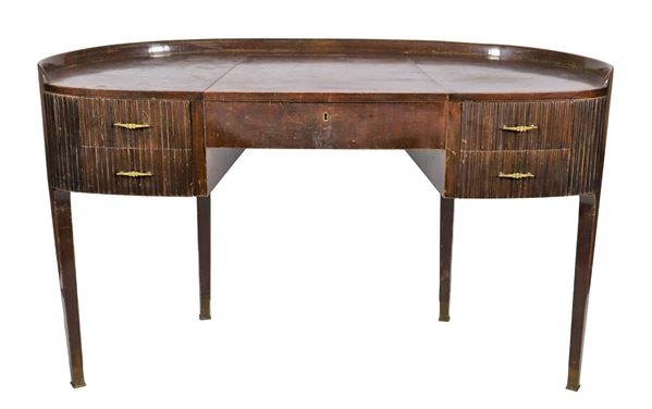 Sicilian Decò bean-shaped dressing table, signed by the Palermitan cabinetmaker Ducrot, with part of the folding top with mirror inside, four drawers and four inverted truncated pyramid legs