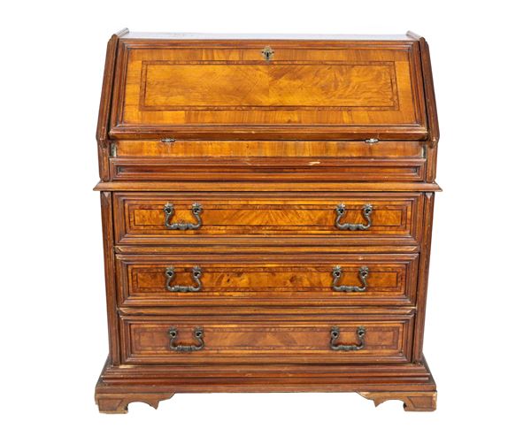 Flap in walnut from the Louis XIV line with inlays with geometric threads, drop-in desk forming a writing desk and three underlying drawers