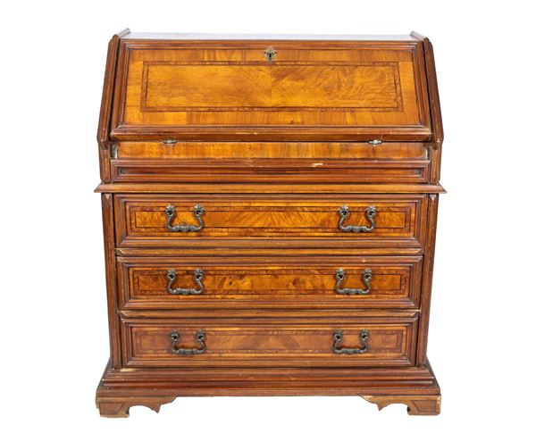 Flap in walnut from the Louis XIV line with inlays with geometric threads, drop-in desk forming a writing desk and three underlying drawers