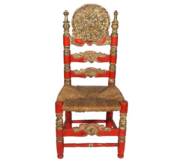 Sant'Anna Spanish chair in red lacquered wood, with silver-plated wood carvings and Vienna straw cover
