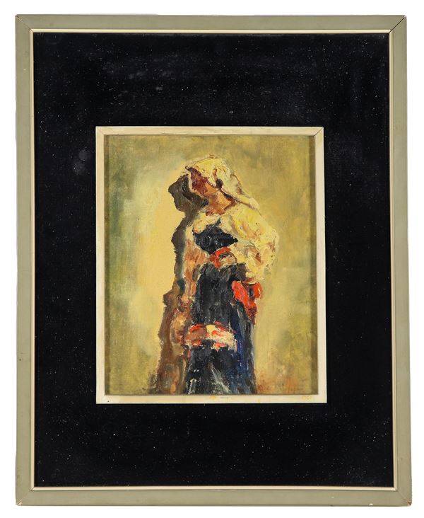 Pittore Post Impressionista - Tracce di firma. "Ciociara", piccolo dipinto ad olio su tela