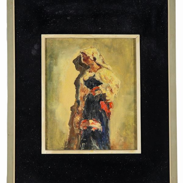 Pittore Post Impressionista - Tracce di firma. "Ciociara", piccolo dipinto ad olio su tela