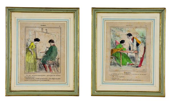 Coppia di disegni francesi acquarellati su carta "Pittore con modella" e "Interno di osteria"