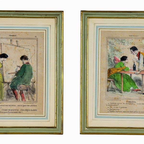 Pair of French watercolor drawings on paper "Painter with model" and "Interior of a tavern"