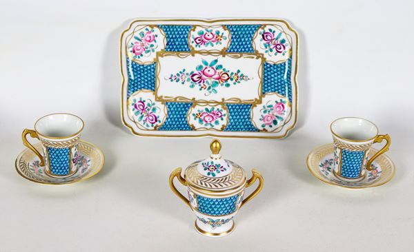 Colorful porcelain tete a tete with motifs of bunches of flowers and highlights in pure gold: rectangular tray, sugar bowl and two cups with saucers (4 pcs)