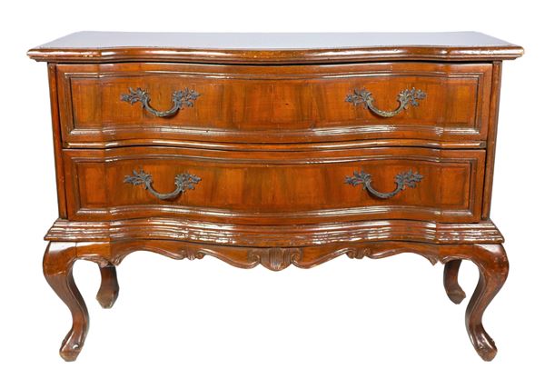 Walnut chest of drawers from the Louis XV line with arched front, two drawers and four curved legs