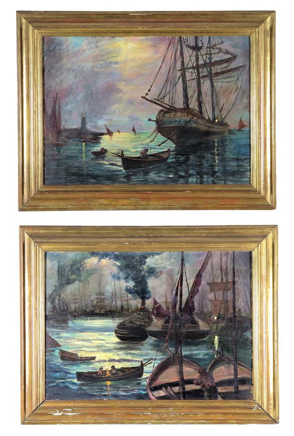 Saturno Bartolomei - Signed. "Views of the port of Gaeta at sunset with sailing ships and boats", pair of oil paintings on canvas