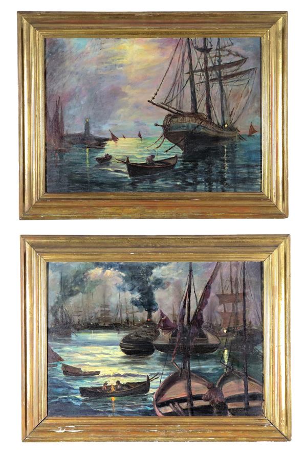 Saturno Bartolomei - Firmati. "Vedute del porto di Gaeta al tramonto con velieri e barche", coppia di dipinti ad olio su tela