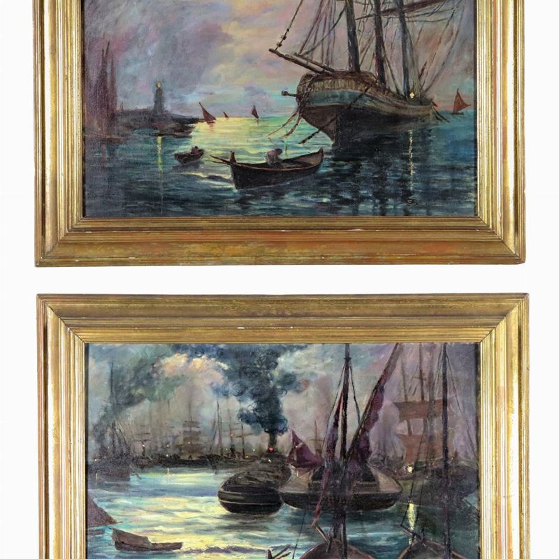 Firmati. "Vedute del porto di Gaeta al tramonto con velieri e barche", coppia di dipinti ad olio ...