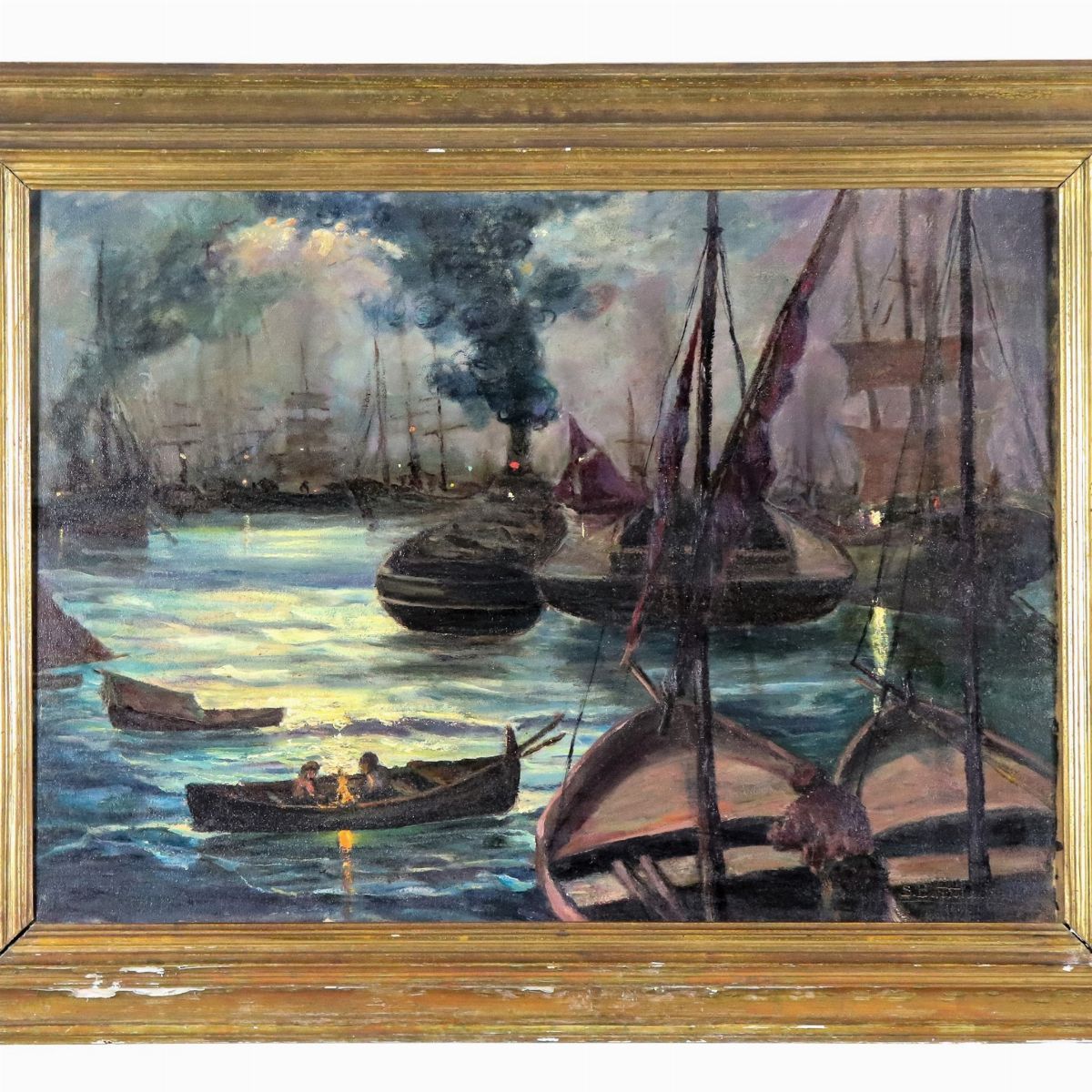 Firmati. "Vedute del porto di Gaeta al tramonto con velieri e barche", coppia di dipinti ad olio ...