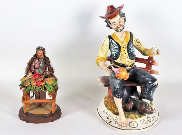 Lot of two sculptures: "Fisherman" in painted and polychrome terracotta, manufactured by the Palermo ceramist Angela Tripi, and "Drinker" in Capodimonte porcelain and glazed ceramic