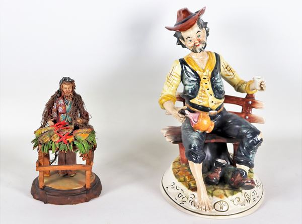 Lotto di due sculture: "Pescatore" in terracotta dipinta e policroma, manifattura della ceramista palermitana Angela Tripi, e "Bevitore" in ceramica porcellanata e smaltata Capodimonte