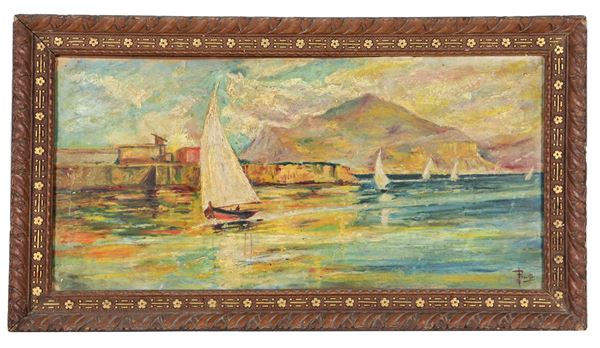 Antonio Previtera - Firmato. "Veduta di costa con barche a vela", piccolo dipinto ad olio su cartone