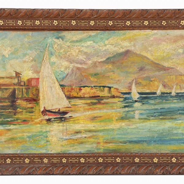 Antonio Previtera - Firmato. "Veduta di costa con barche a vela", piccolo dipinto ad olio su cartone