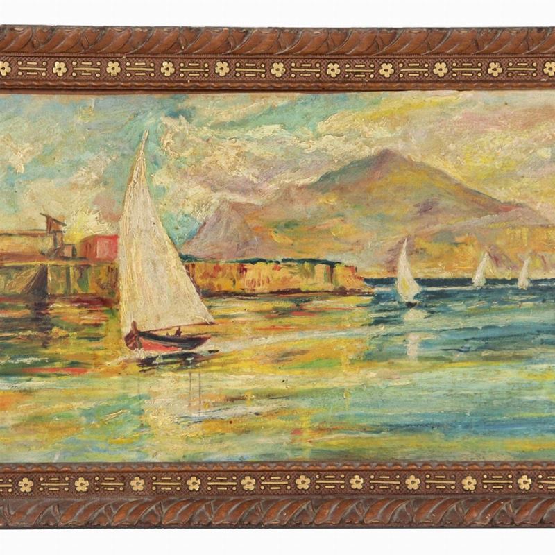 Firmato. "Veduta di costa con barche a vela", piccolo dipinto ad olio su cartone